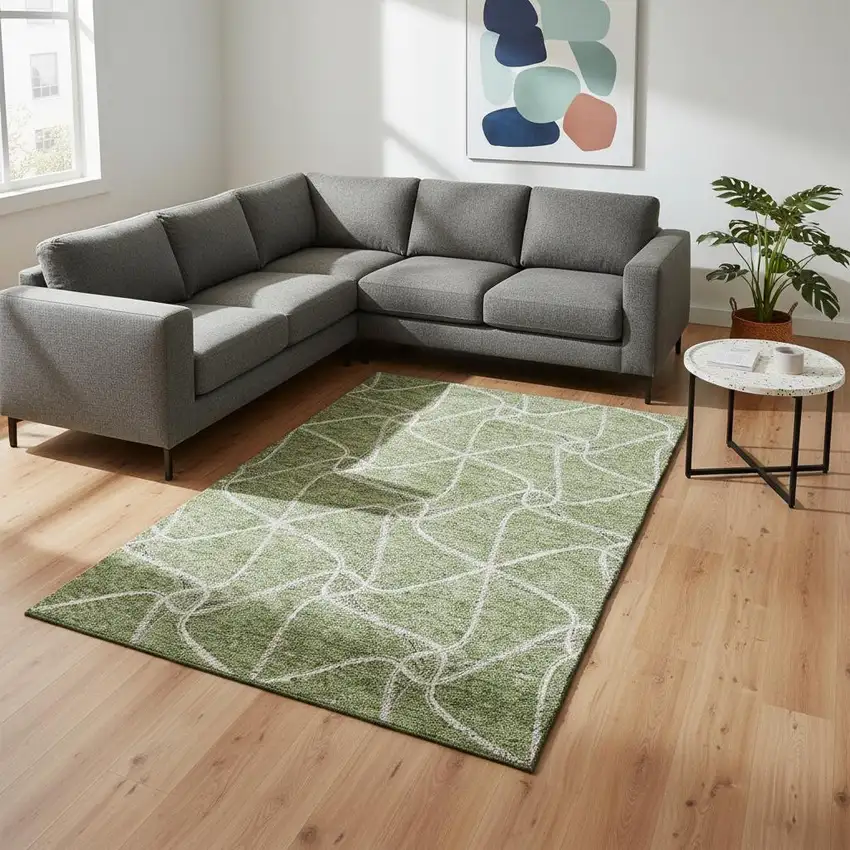 Artichoke Green And Ivory Geometric Washable Area Rug With UV Protection Photo 2