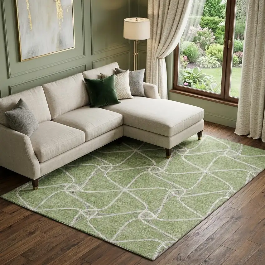 Artichoke Green And Ivory Geometric Washable Area Rug With UV Protection Photo 1