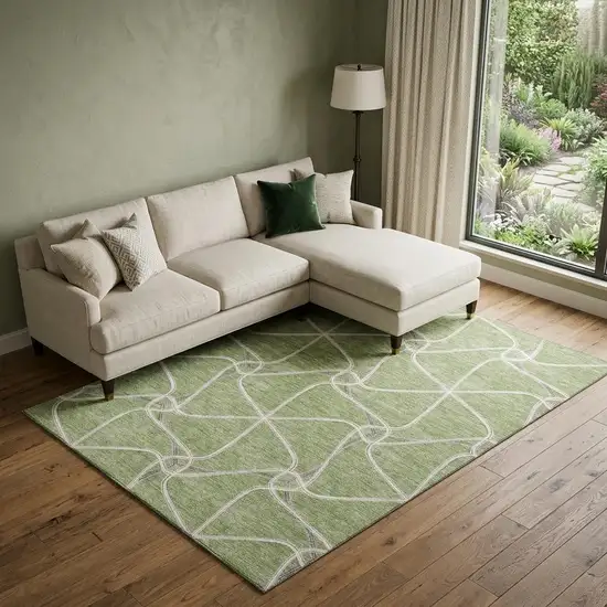 Artichoke Green And Ivory Geometric Washable Area Rug With UV Protection Photo 1