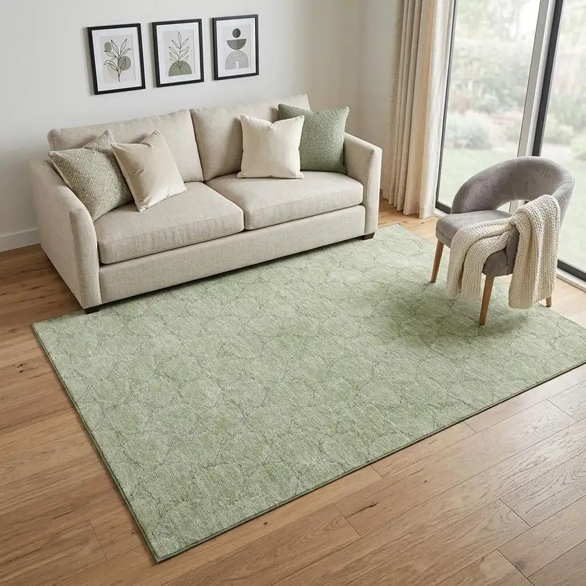 Artichoke Green And Ivory Geometric Washable Area Rug With UV Protection Photo 1
