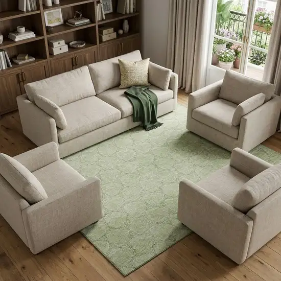 Artichoke Green And Ivory Geometric Washable Area Rug With UV Protection Photo 1