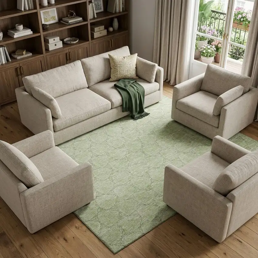 Artichoke Green And Ivory Geometric Washable Area Rug With UV Protection Photo 1