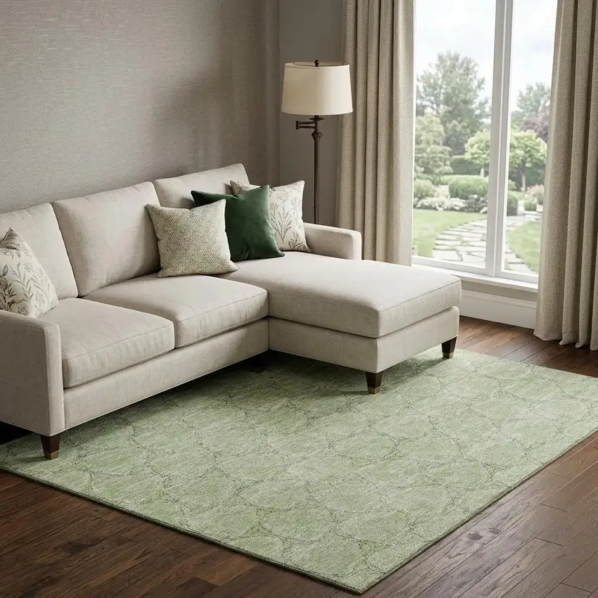 Artichoke Green And Ivory Geometric Washable Area Rug With UV Protection Photo 1