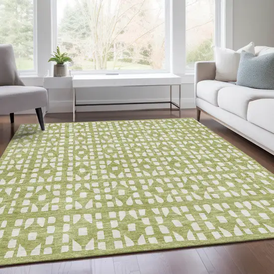 Artichoke Green And Ivory Geometric Washable Area Rug With UV Protection Photo 4