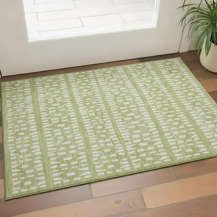 Artichoke Green And Ivory Geometric Washable Area Rug With UV Protection Photo 2