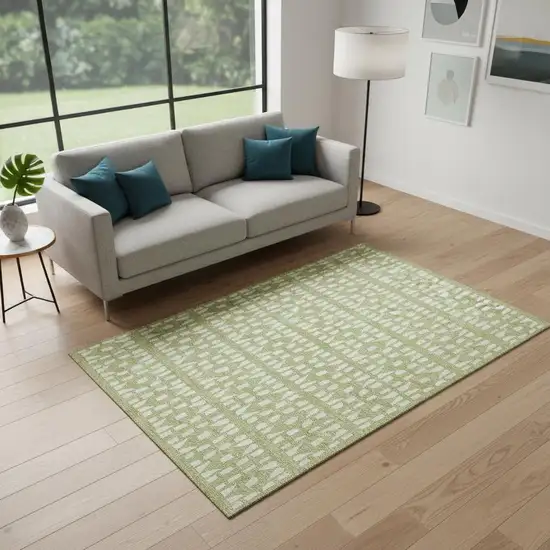 Artichoke Green And Ivory Geometric Washable Area Rug With UV Protection Photo 2