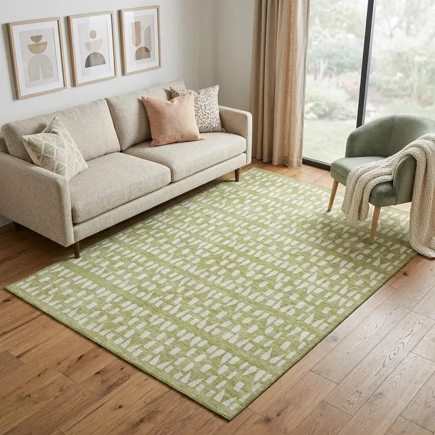 Artichoke Green And Ivory Geometric Washable Area Rug With UV Protection Photo 1