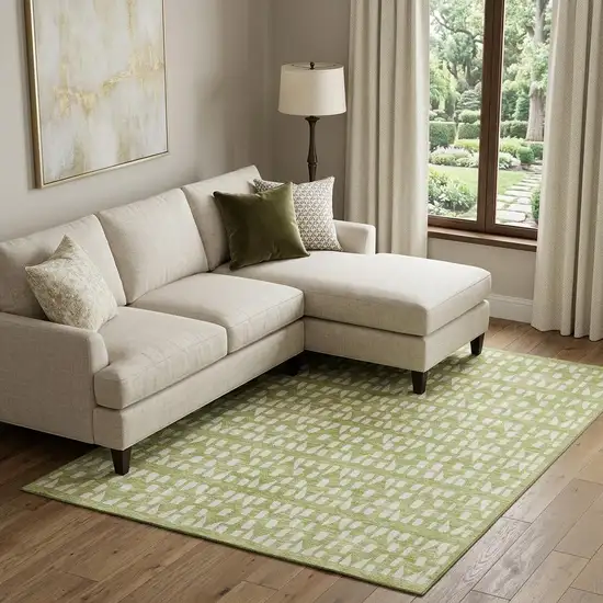 Artichoke Green And Ivory Geometric Washable Area Rug With UV Protection Photo 1