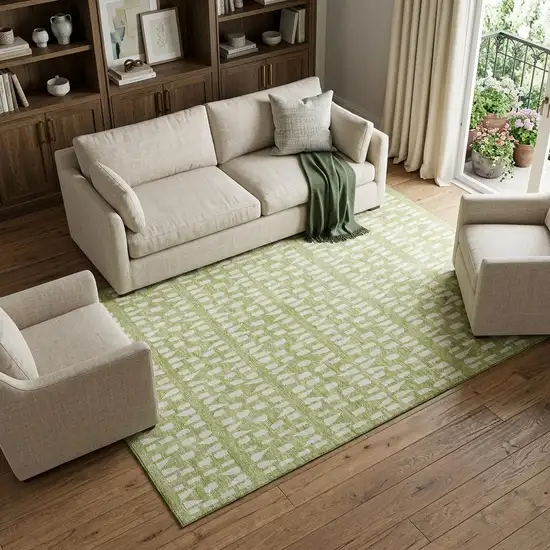 Artichoke Green And Ivory Geometric Washable Area Rug With UV Protection Photo 1