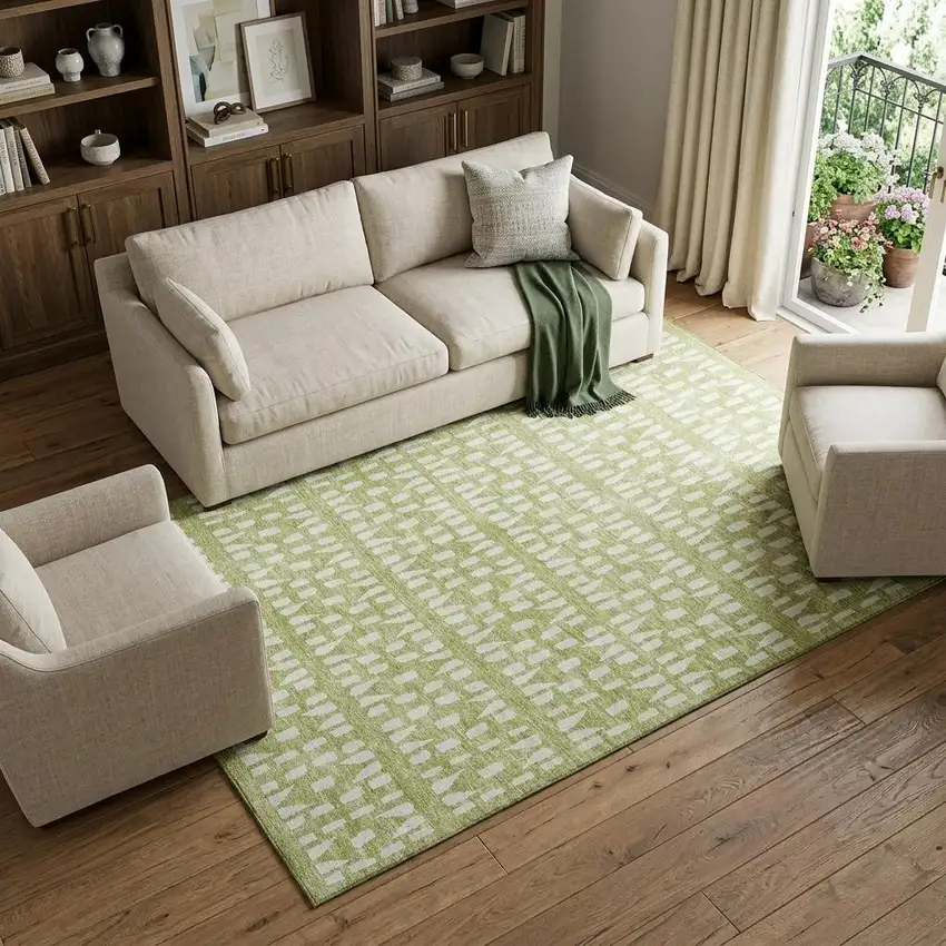 Artichoke Green And Ivory Geometric Washable Area Rug With UV Protection Photo 1
