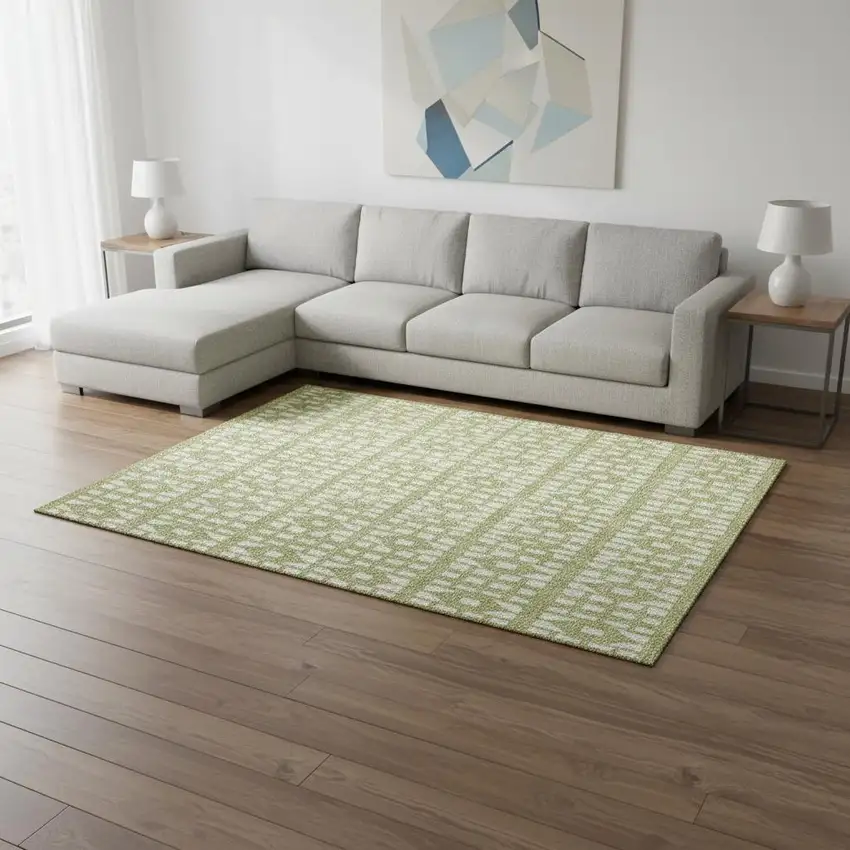 Artichoke Green And Ivory Geometric Washable Area Rug With UV Protection Photo 2