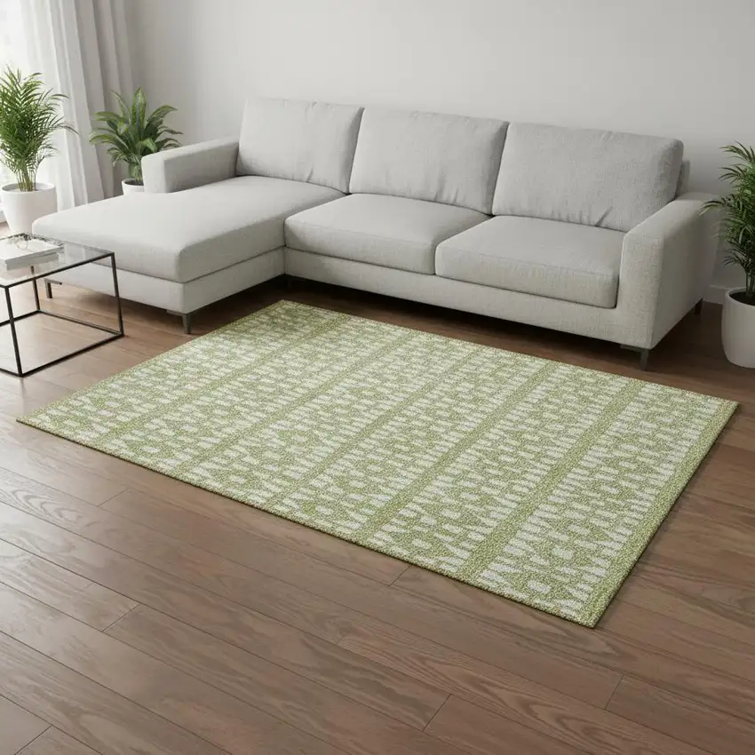 Artichoke Green And Ivory Geometric Washable Area Rug With UV Protection Photo 2