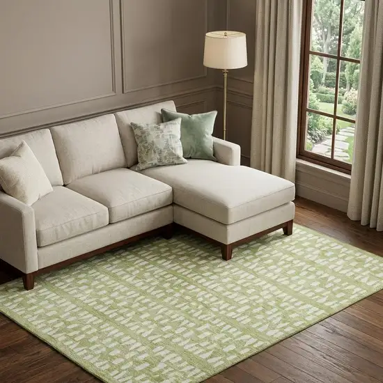 Artichoke Green And Ivory Geometric Washable Area Rug With UV Protection Photo 1