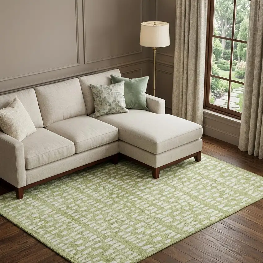 Artichoke Green And Ivory Geometric Washable Area Rug With UV Protection Photo 1