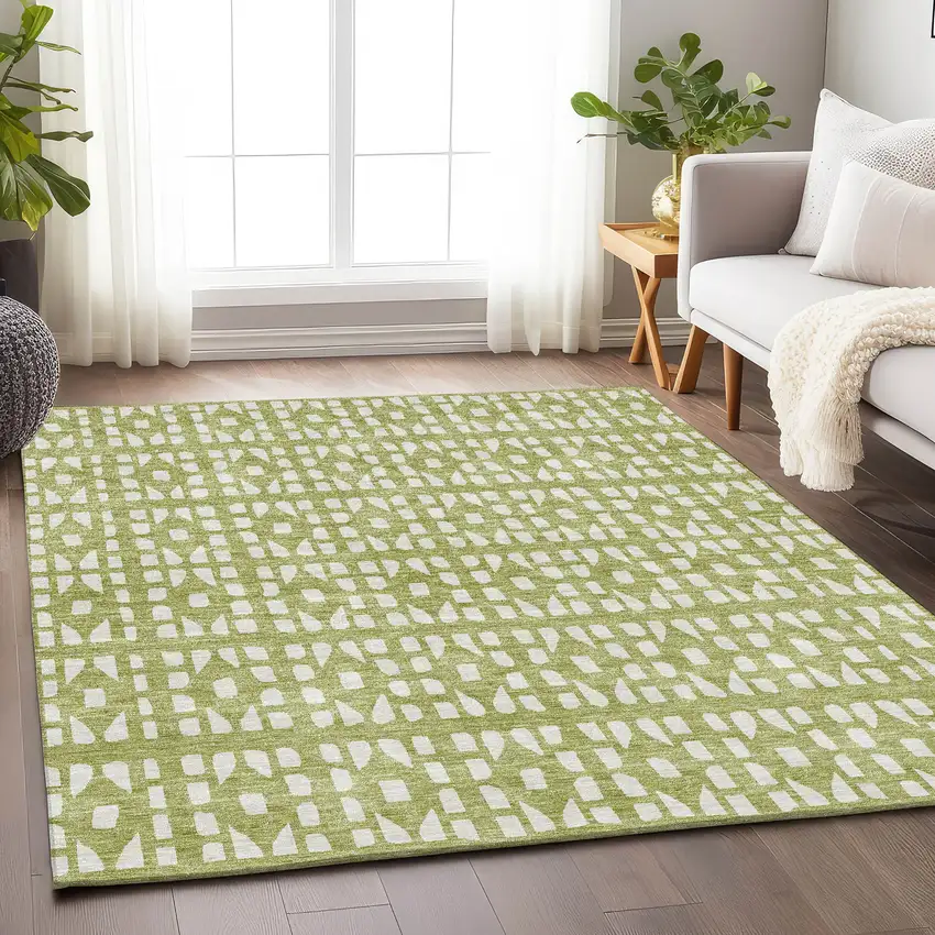 Artichoke Green And Ivory Geometric Washable Area Rug With UV Protection Photo 4