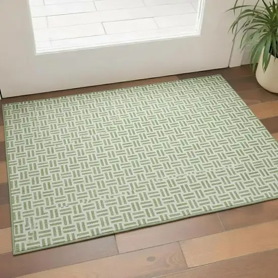 Artichoke Green And Ivory Geometric Washable Area Rug With UV Protection Photo 2