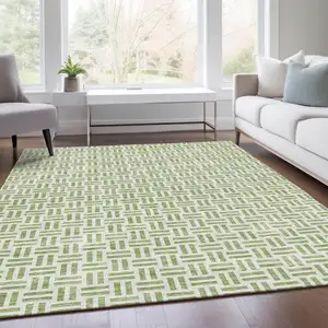Photo of Artichoke Green And Ivory Geometric Washable Area Rug With UV Protection