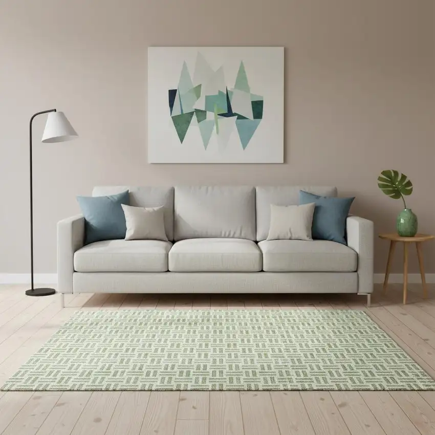 Artichoke Green And Ivory Geometric Washable Area Rug With UV Protection Photo 2