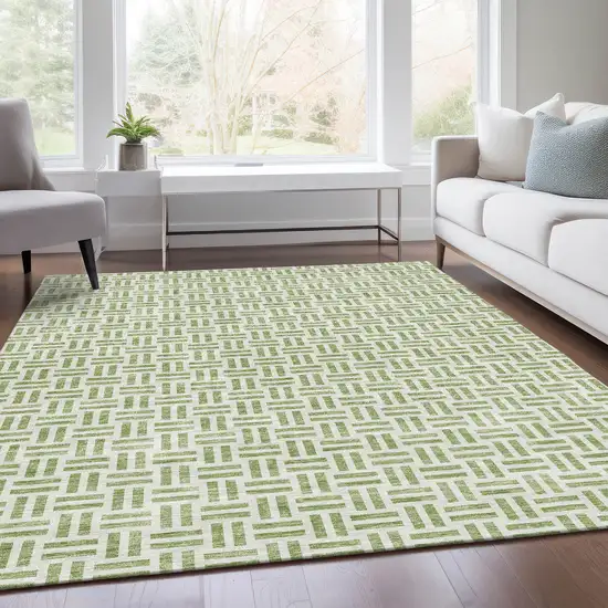 Artichoke Green And Ivory Geometric Washable Area Rug With UV Protection Photo 5
