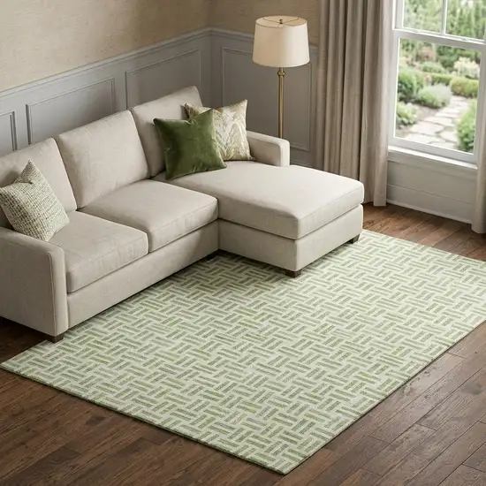 Artichoke Green And Ivory Geometric Washable Area Rug With UV Protection Photo 1