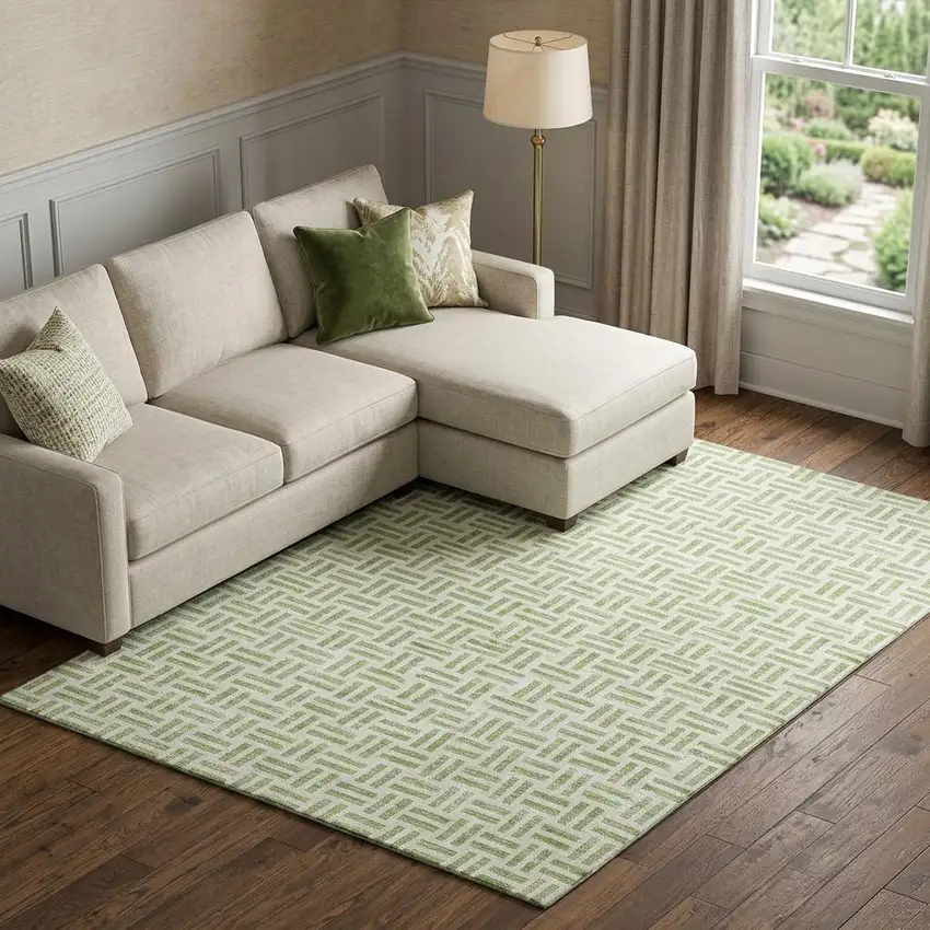 Artichoke Green And Ivory Geometric Washable Area Rug With UV Protection Photo 1