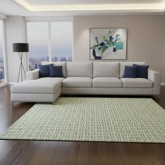 Artichoke Green And Ivory Geometric Washable Area Rug With UV Protection Photo 2