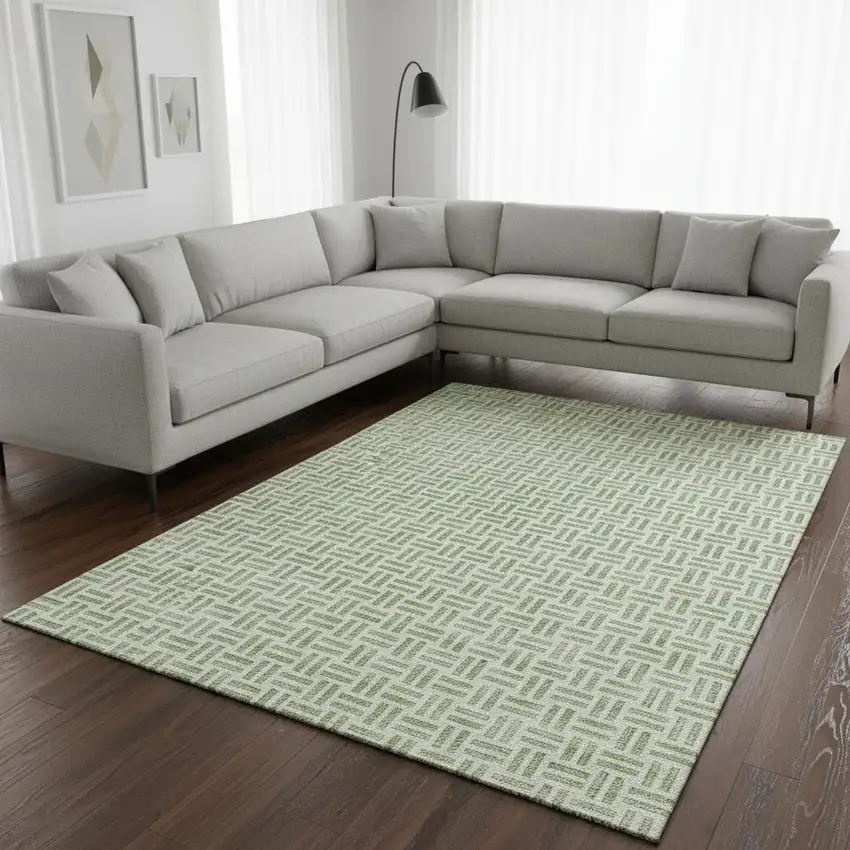 Artichoke Green And Ivory Geometric Washable Area Rug With UV Protection Photo 2