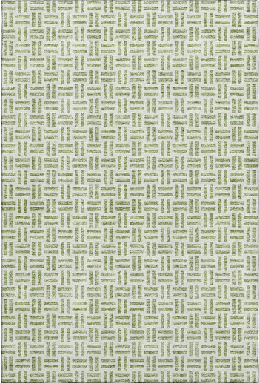 Artichoke Green And Ivory Geometric Washable Area Rug With UV Protection Photo 1