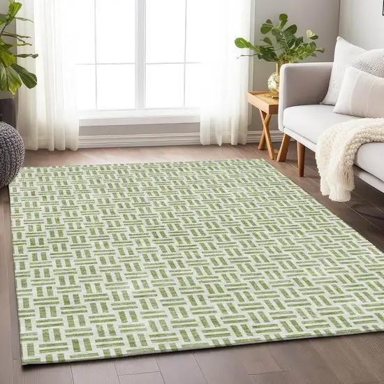 Artichoke Green And Ivory Geometric Washable Area Rug With UV Protection Photo 4