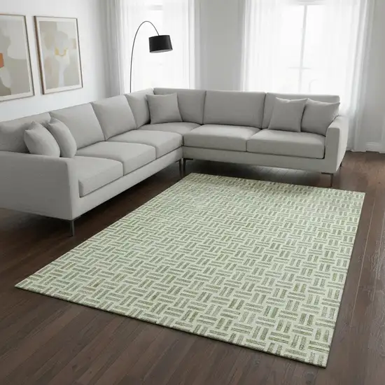 Artichoke Green And Ivory Geometric Washable Area Rug With UV Protection Photo 2