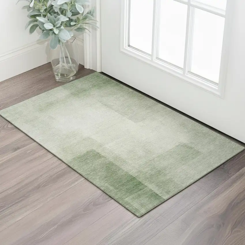 Artichoke Green And Ivory Geometric Washable Area Rug With UV Protection Photo 2