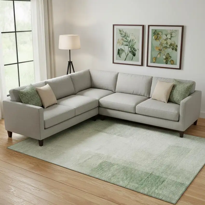 Artichoke Green And Ivory Geometric Washable Area Rug With UV Protection Photo 2