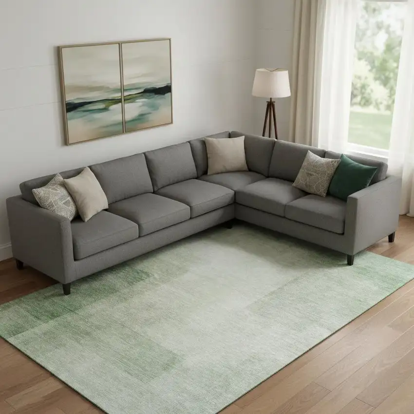 Artichoke Green And Ivory Geometric Washable Area Rug With UV Protection Photo 2