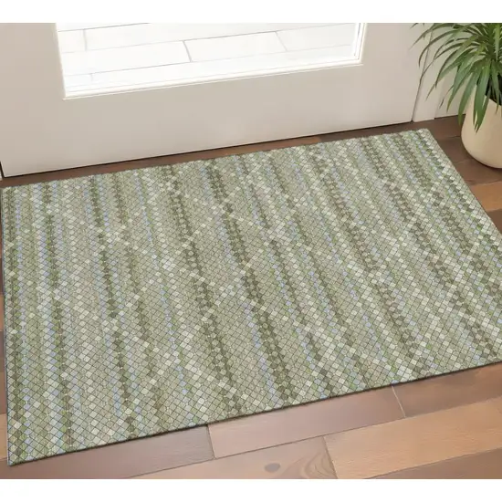 Artichoke Green And Ivory Geometric Washable Area Rug With UV Protection Photo 1