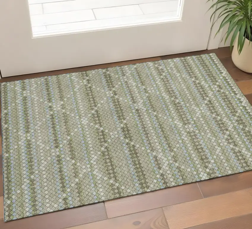 Artichoke Green And Ivory Geometric Washable Area Rug With UV Protection Photo 1