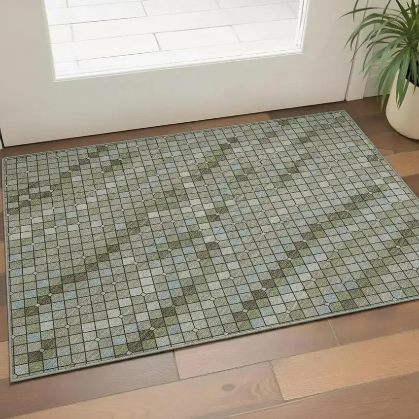 Artichoke Green And Ivory Geometric Washable Area Rug With UV Protection Photo 2