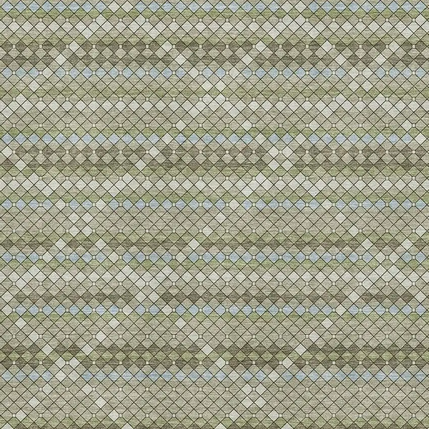 Artichoke Green And Ivory Geometric Washable Area Rug With UV Protection Photo 4