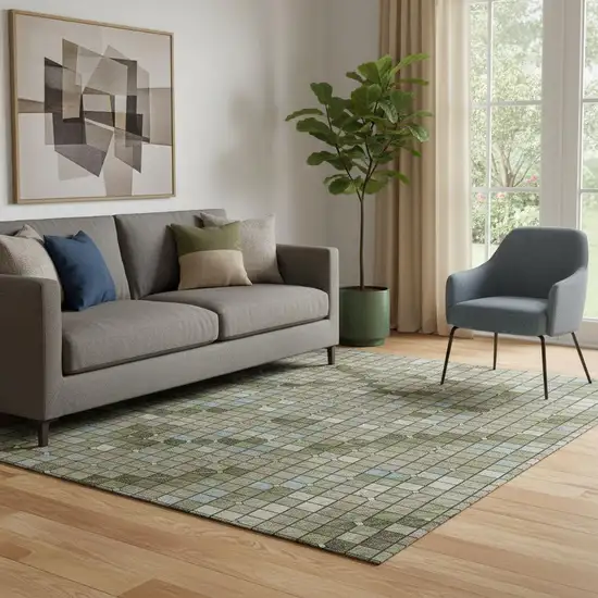 Artichoke Green And Ivory Geometric Washable Area Rug With UV Protection Photo 2