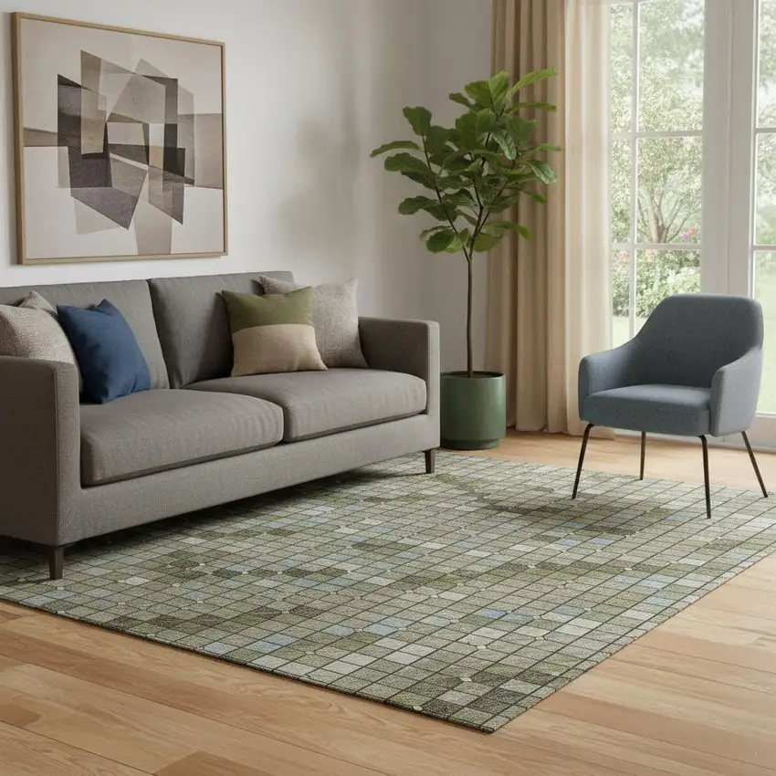 Artichoke Green And Ivory Geometric Washable Area Rug With UV Protection Photo 2