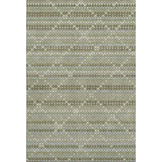 Artichoke Green And Ivory Geometric Washable Area Rug With UV Protection Photo 6