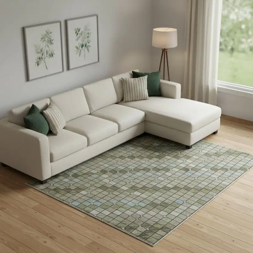 Artichoke Green And Ivory Geometric Washable Area Rug With UV Protection Photo 2