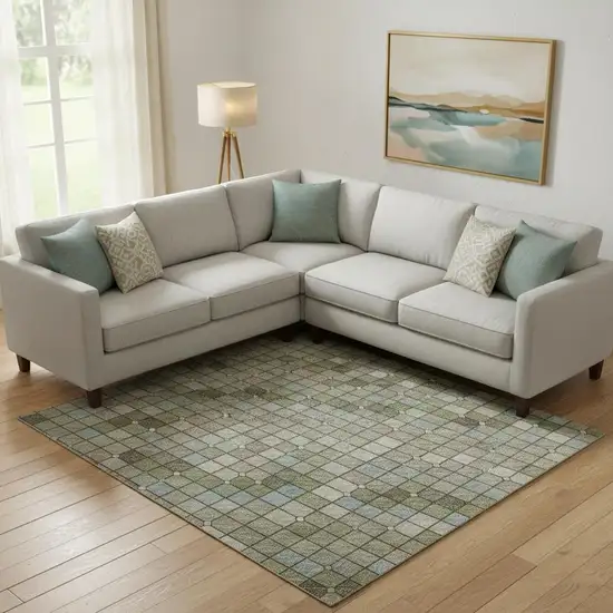 Artichoke Green And Ivory Geometric Washable Area Rug With UV Protection Photo 2