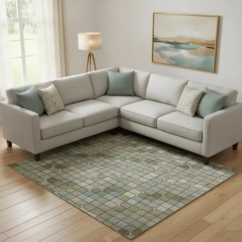 Artichoke Green And Ivory Geometric Washable Area Rug With UV Protection Photo 2