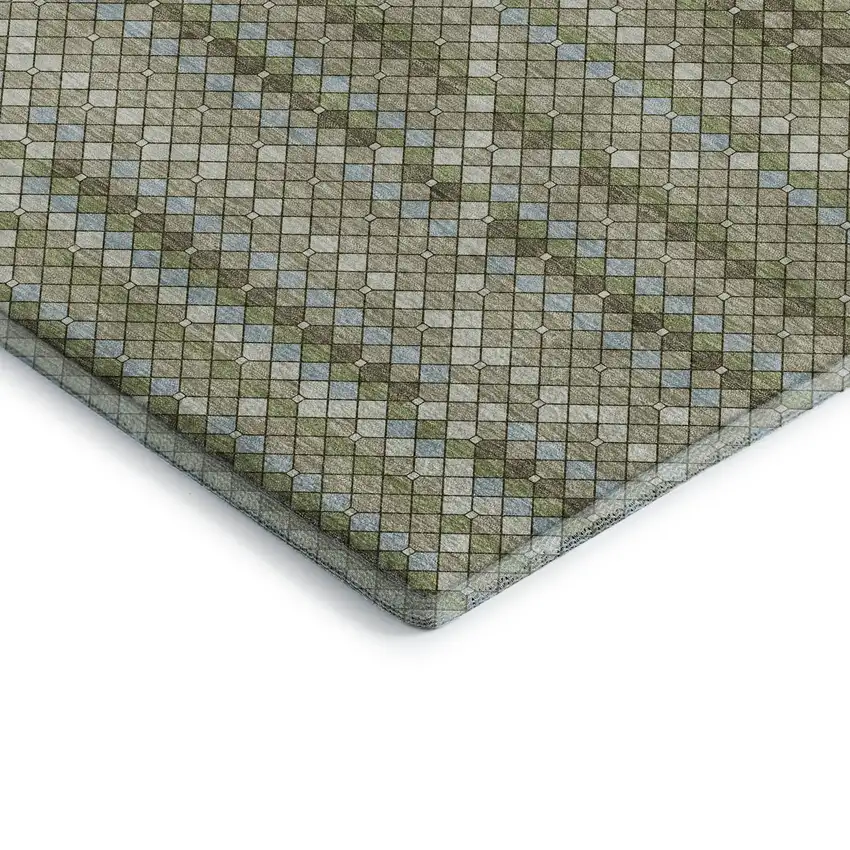 Artichoke Green And Ivory Geometric Washable Area Rug With UV Protection Photo 3