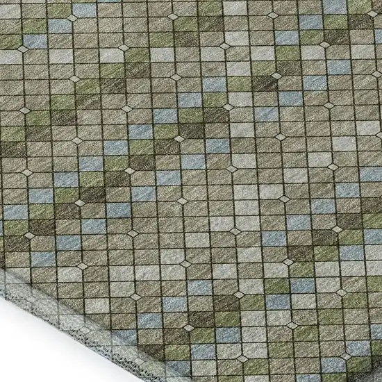 Artichoke Green And Ivory Geometric Washable Area Rug With UV Protection Photo 2