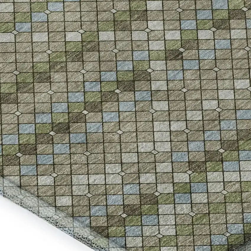 Artichoke Green And Ivory Geometric Washable Area Rug With UV Protection Photo 2