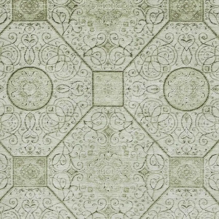 Artichoke Green And Ivory Geometric Washable Area Rug With UV Protection Photo 2