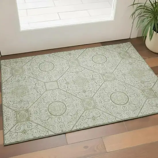 Artichoke Green And Ivory Geometric Washable Area Rug With UV Protection Photo 2