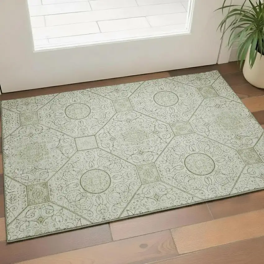 Artichoke Green And Ivory Geometric Washable Area Rug With UV Protection Photo 2