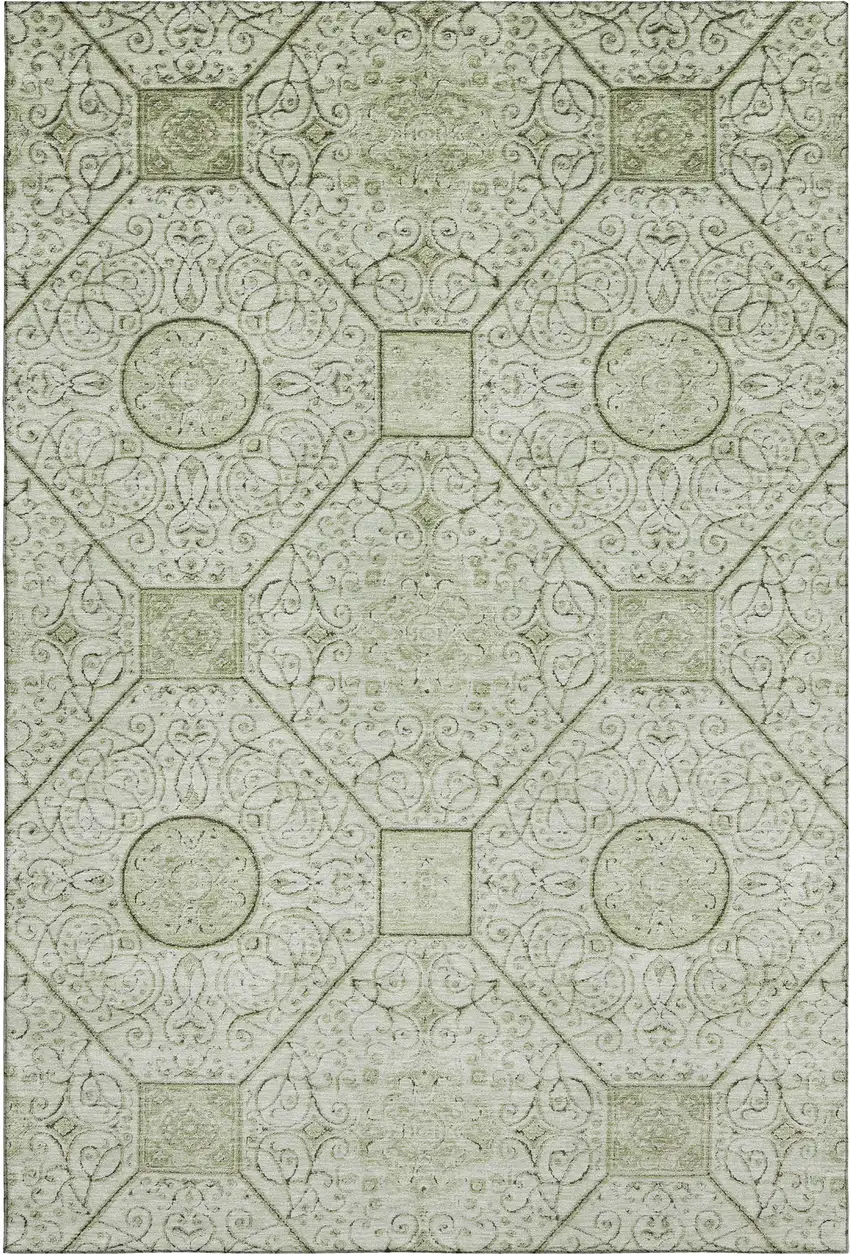 Artichoke Green And Ivory Geometric Washable Area Rug With UV Protection Photo 1